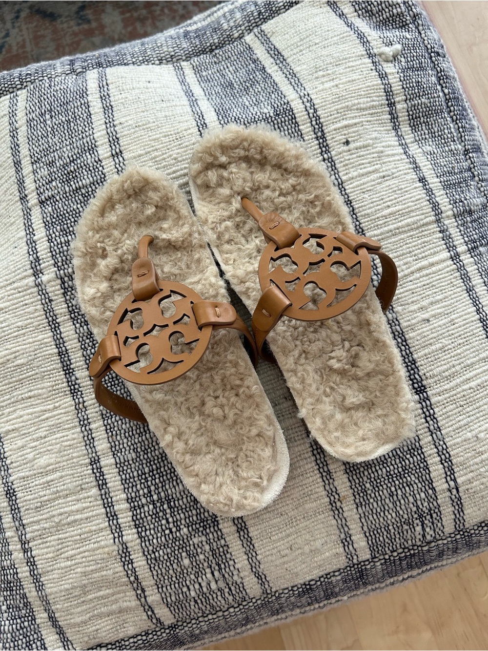 Tory Burch Brown Leather Logo Shearling Slide Sandals